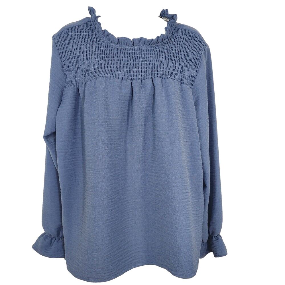 Patrizia Luca Milano Top Women Medium Blue Ruffle Neck Smocking Long Puff Sleeve